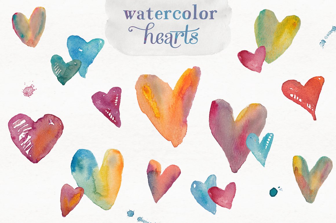手绘水彩爱心设计素材Watercolor Hearts
