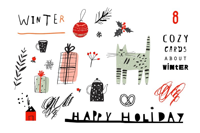 可爱的冬季圣诞节元素插画 Cozy cards about