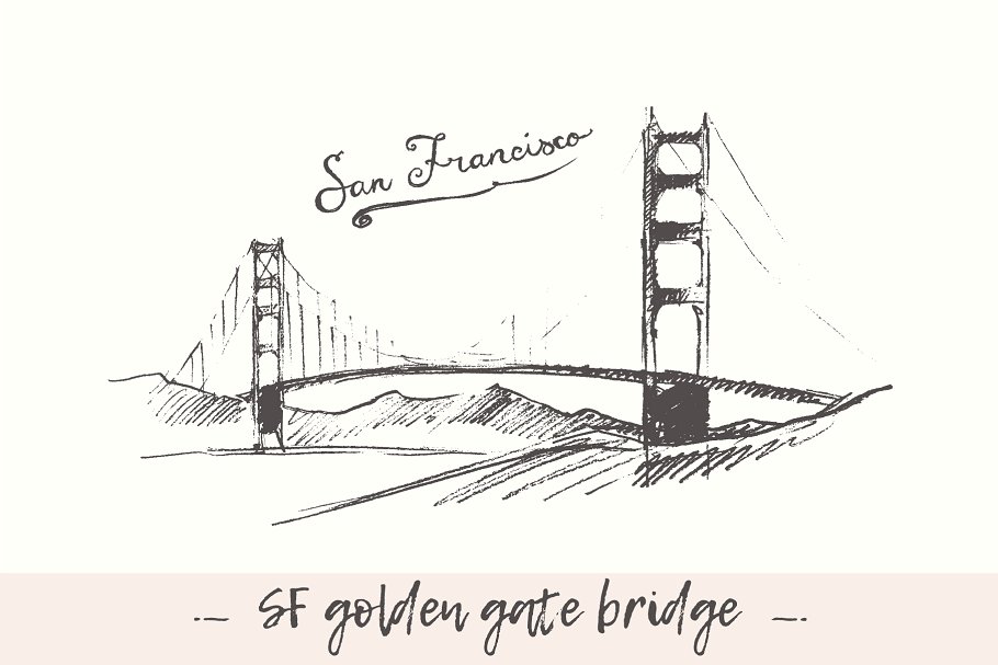 旧金山金门大桥素描插画 San Francisco Gold