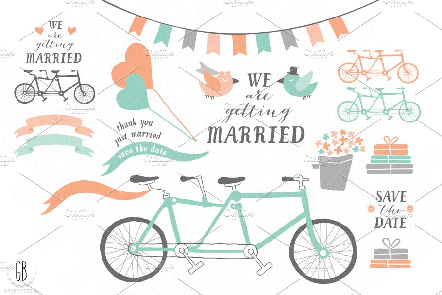 婚礼自行车插画 Tandem bicycle, weddin