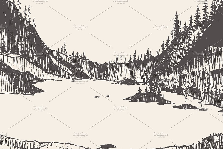 湖水素描插画 Lake with pine forest #