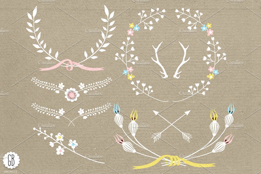 花卉鹿角插画 Floral wreaths ribbons