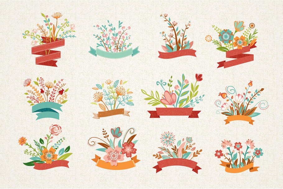 带丝带的花卉框架插画 Flowers with ribbon