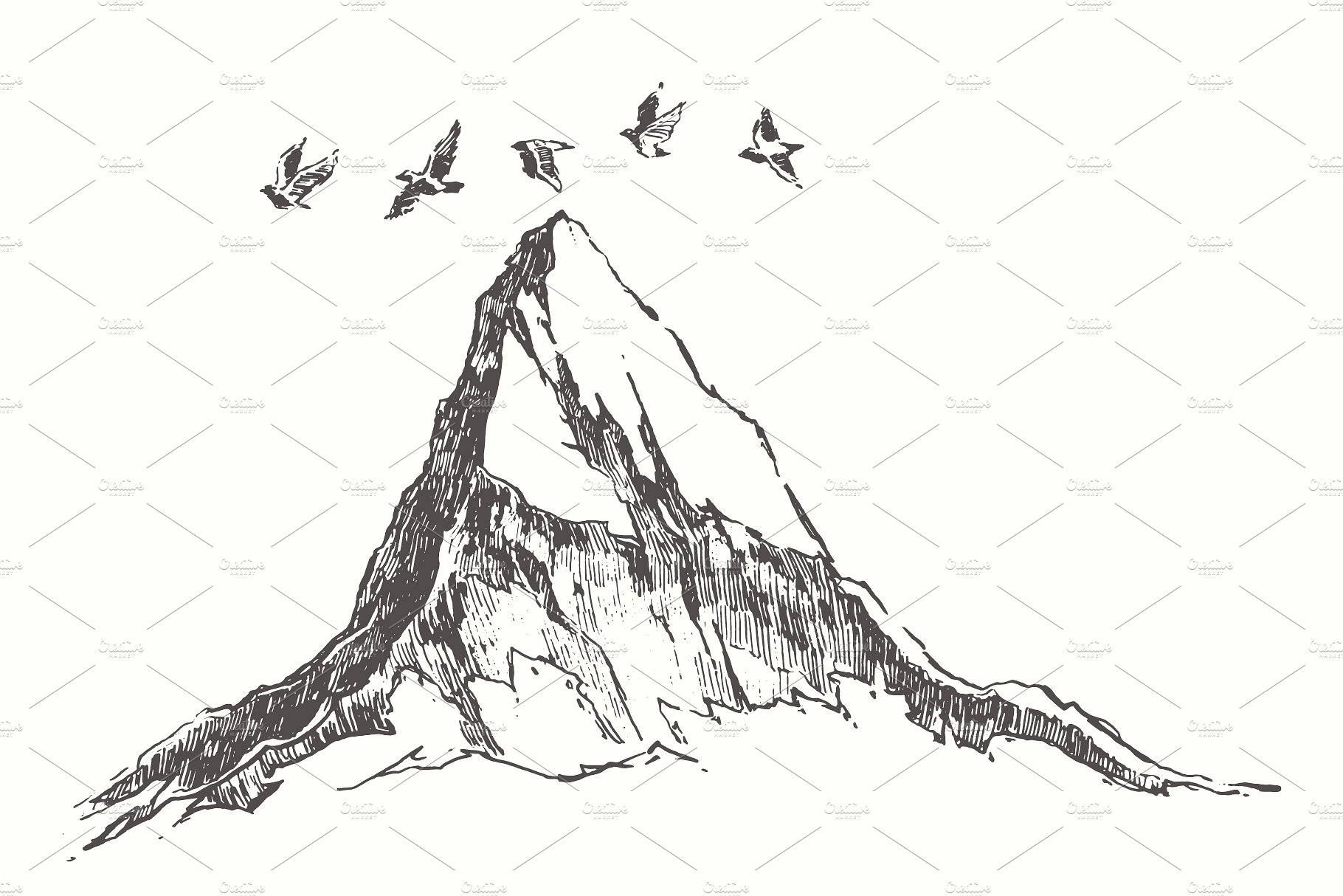 复古手绘山峰设计素材High detail mountain