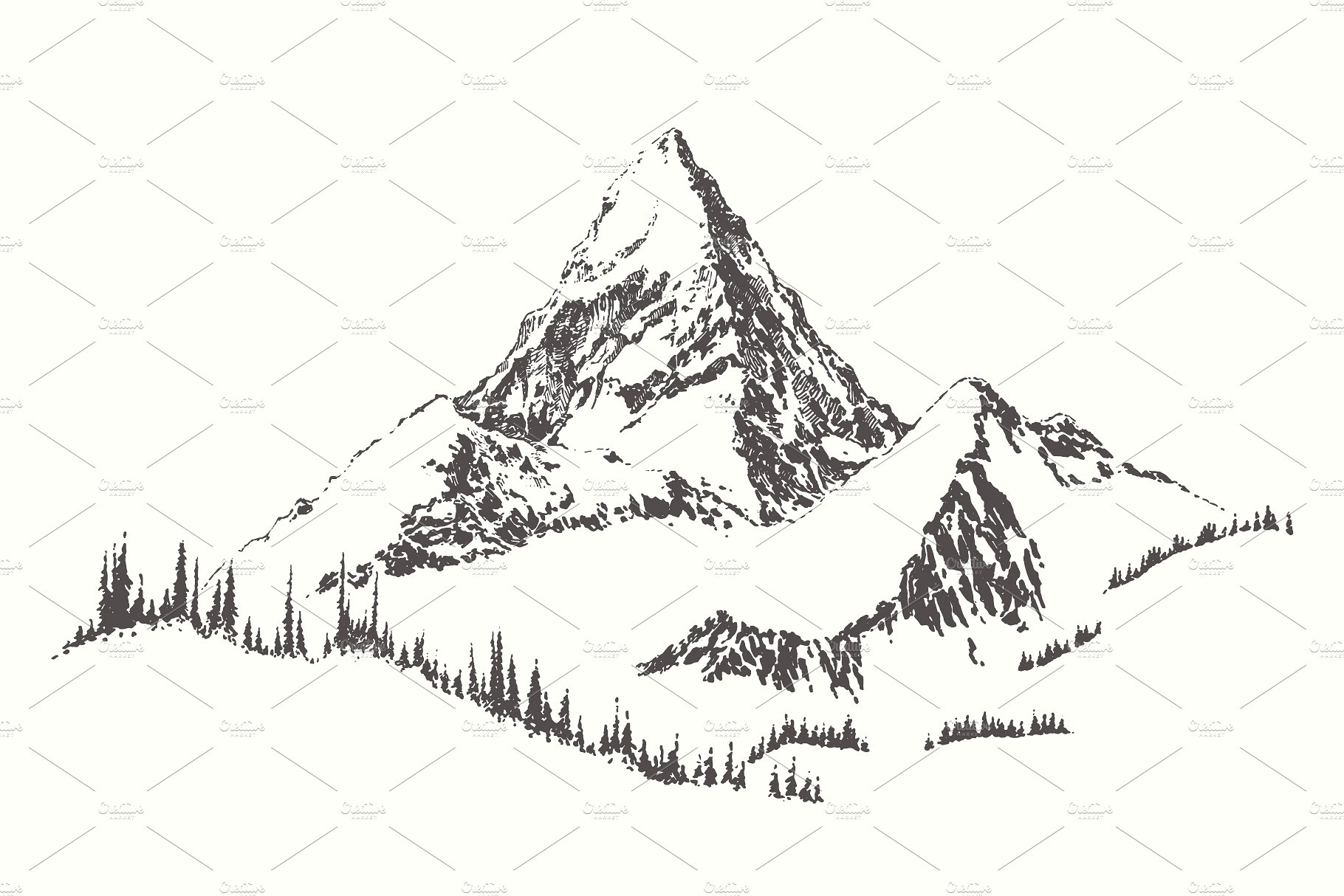 山地景观素描插画 High detail mountain