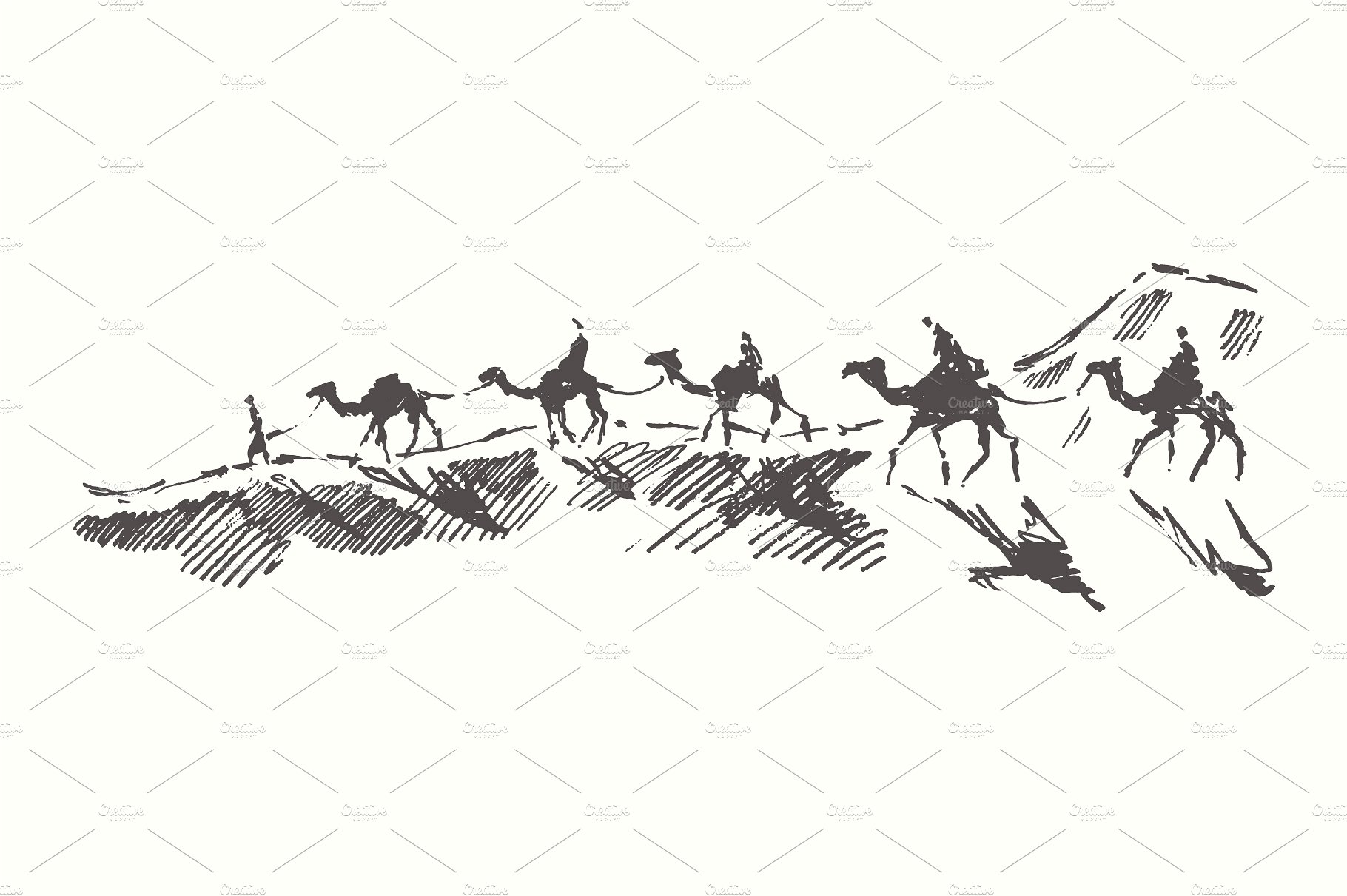 骆驼的商队素描插画 Caravans of camels #
