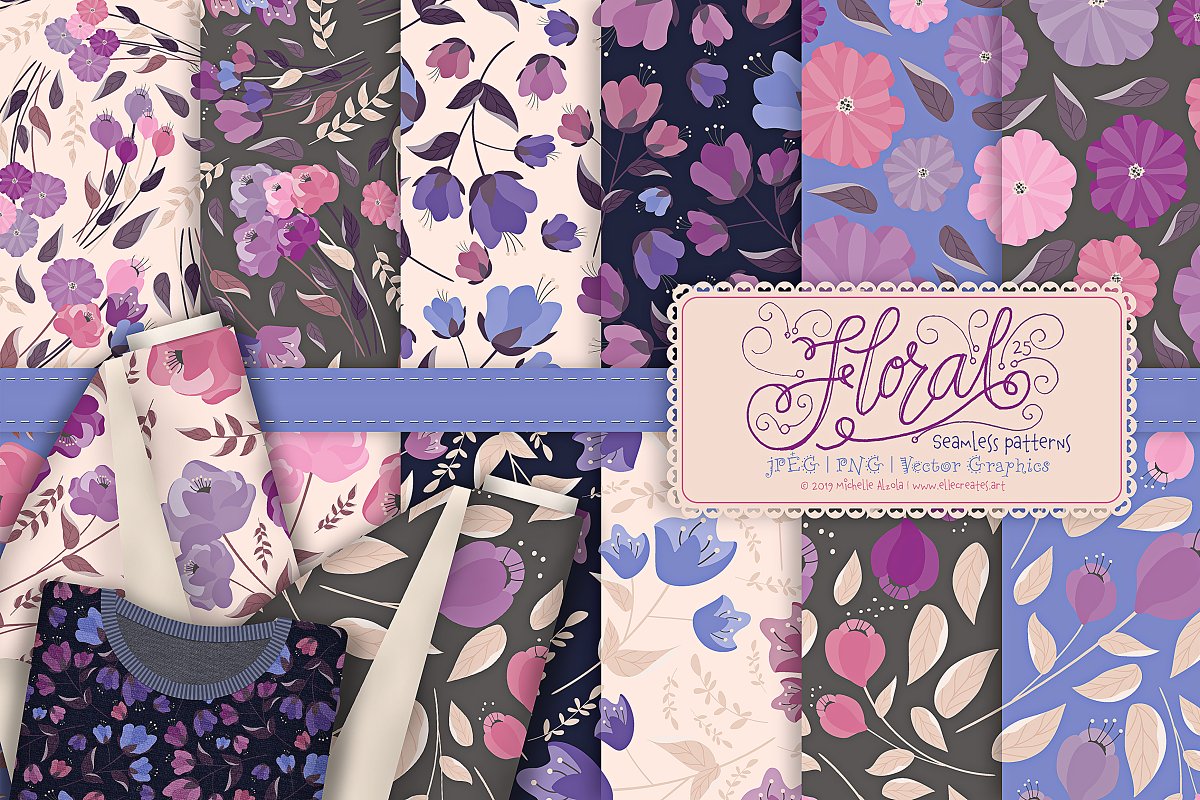 25个紫色植物水彩花卉无缝图案素材Flora 25 Purp