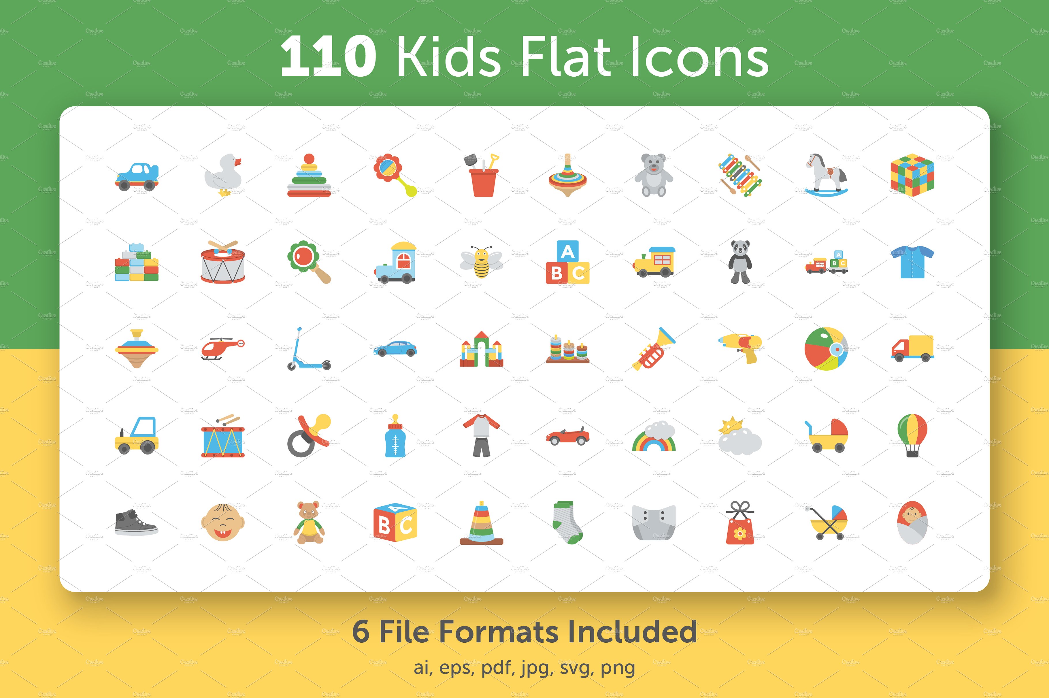儿童元素矢量图标大全 110 Kids Flat Icons