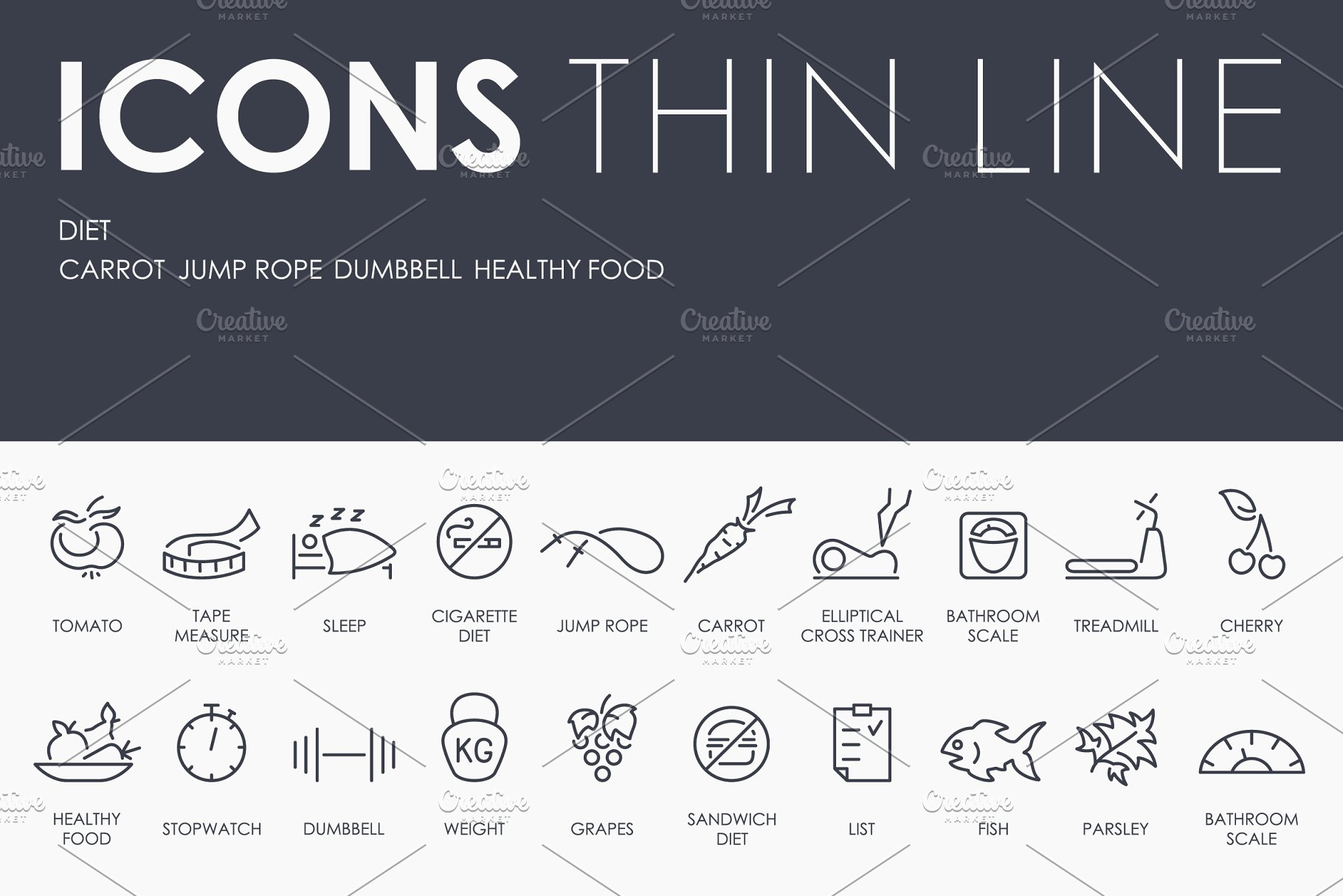 饮食矢量图标素材 Diet thinline icons #