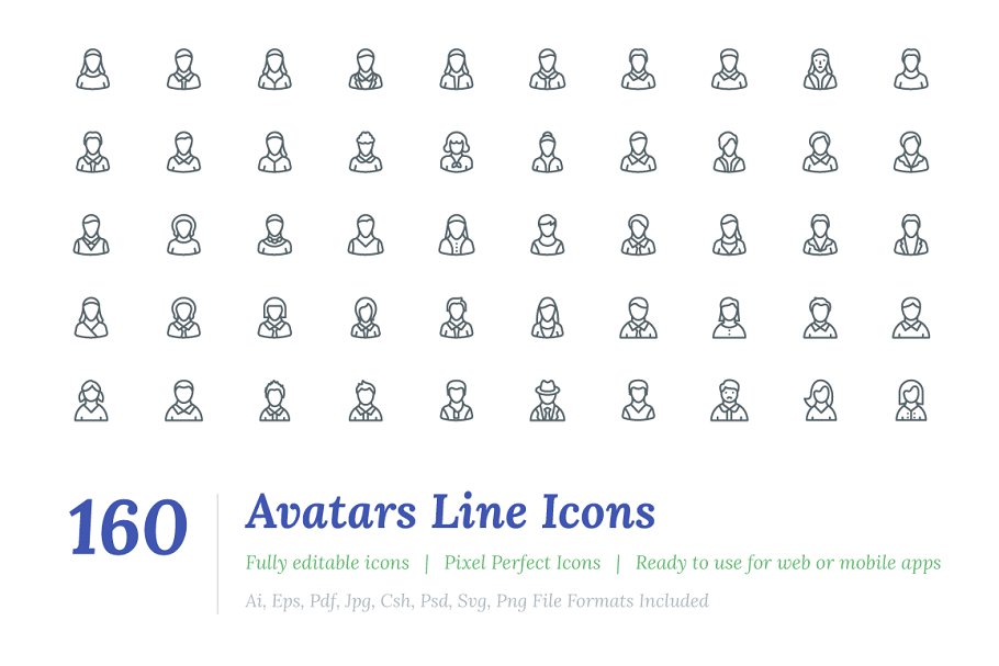 虚拟形象矢量图标素材 160 Avatars Line Ic