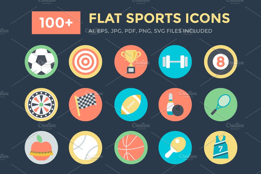 扁平化运动图标素材 100 Flat Sports Ico