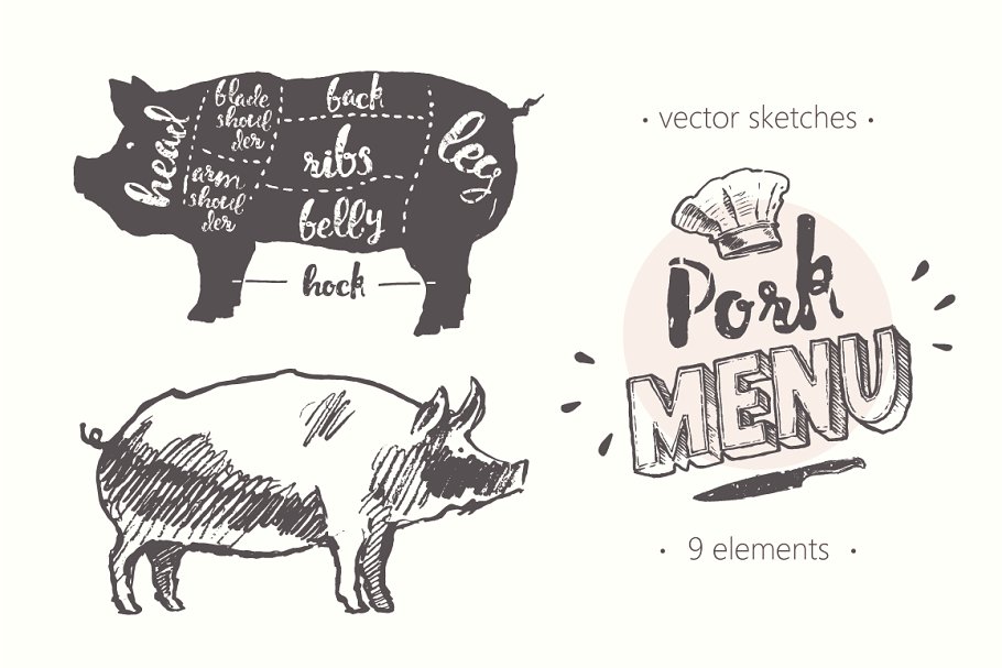 猪肉菜单的设计元素插画 Design elements fo