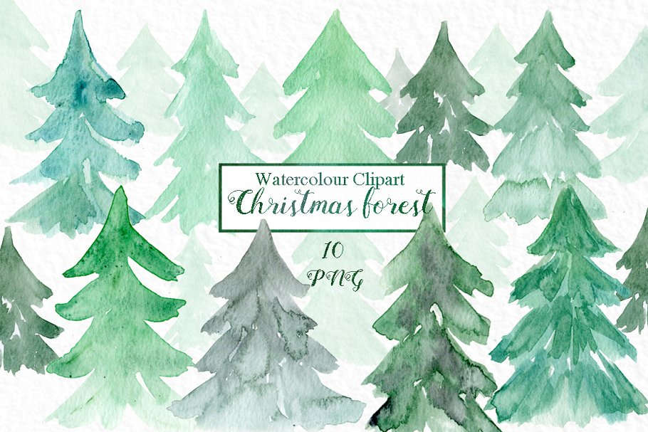 圣诞森林水彩画 Christmas tree forest