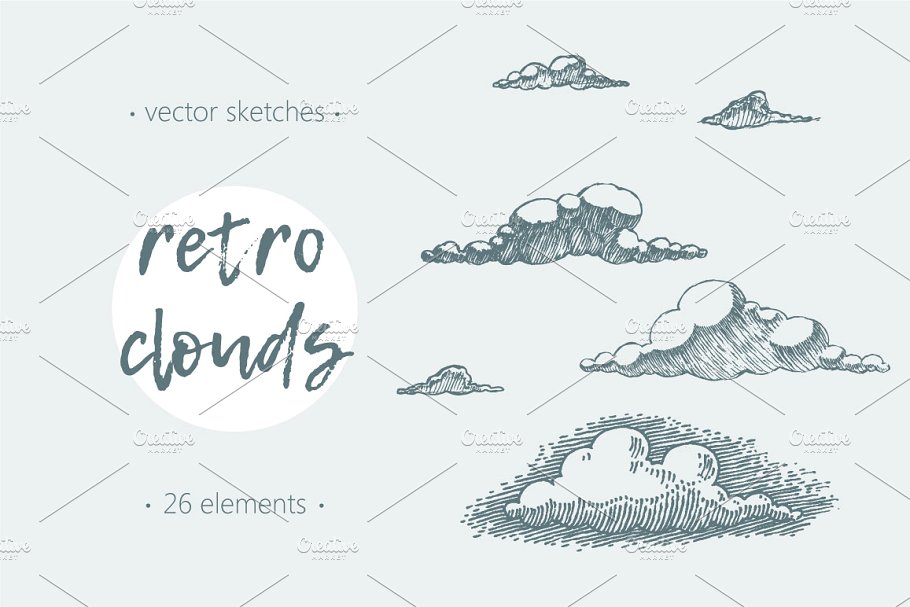 一套复古的云插图 Set of retro clouds i