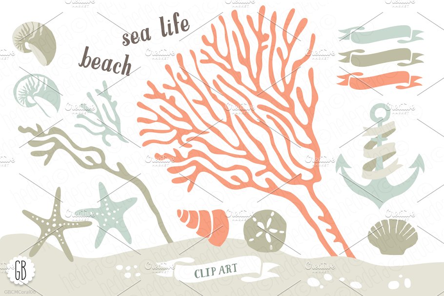 珊瑚插画素材 Beach sea corals nautic