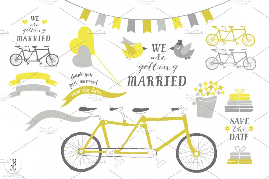 婚礼自行车插画 Tandem bicycle, weddin