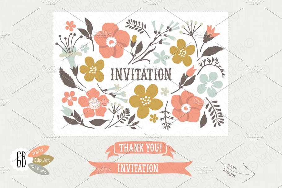 花卉插画邀请函 Folk flower invitation