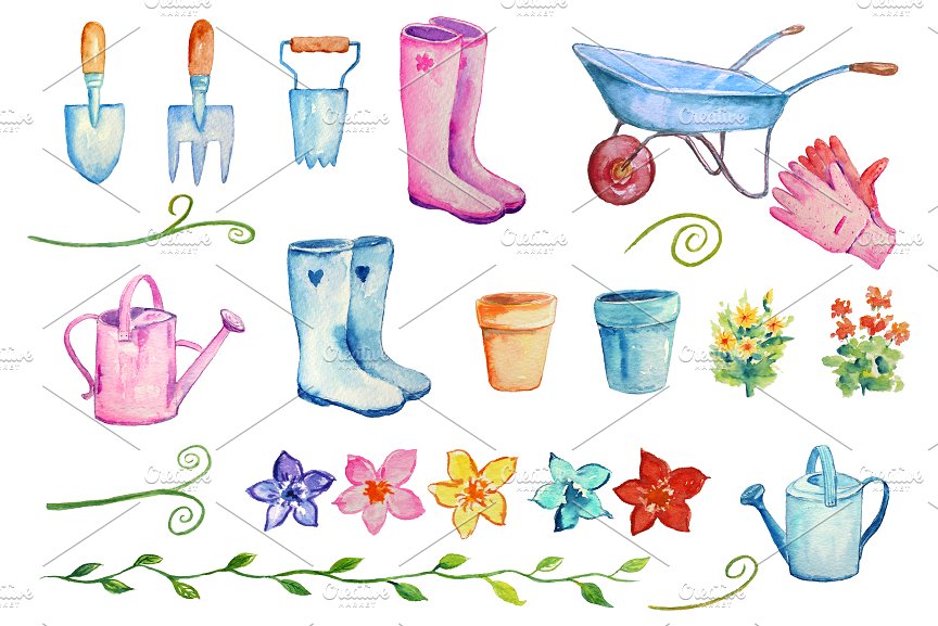 手绘水彩园艺元素设计素材Watercolor Gardeni