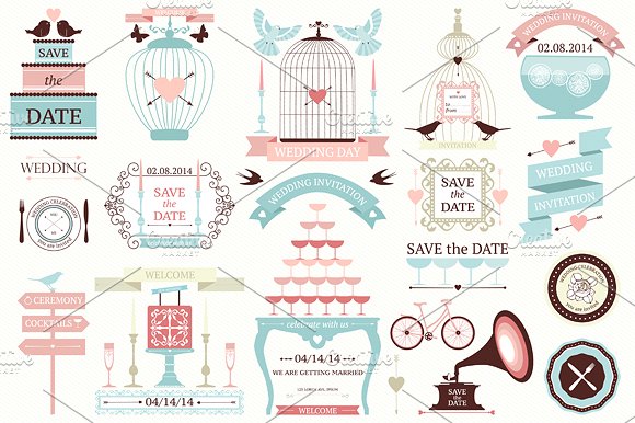 水彩婚礼元素图标插画 Wedding Icons Colle