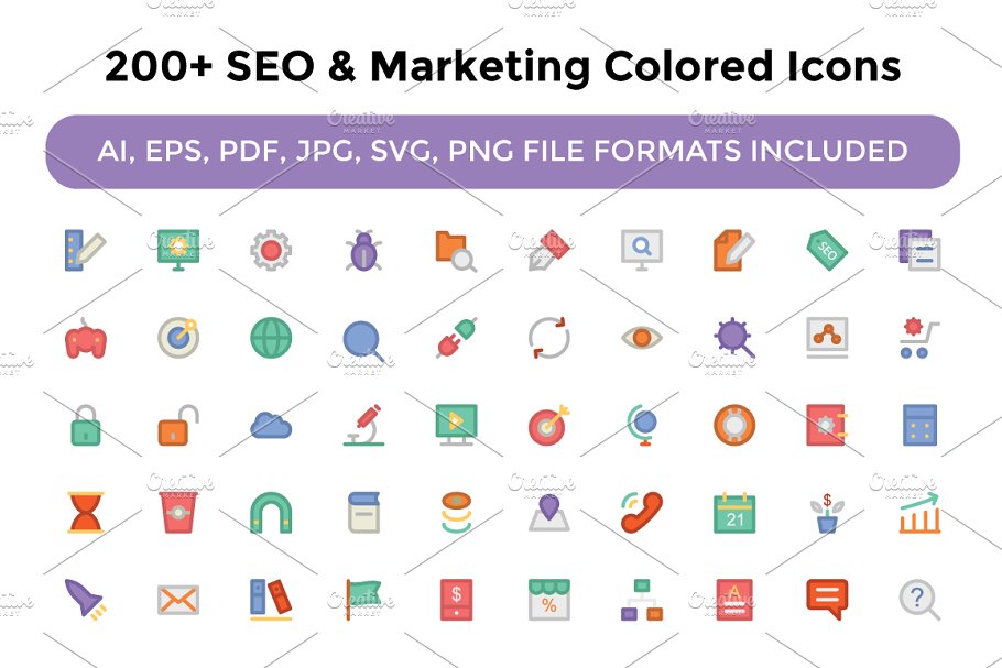 搜索引擎优化和营销彩色图标下载 Seo and Market