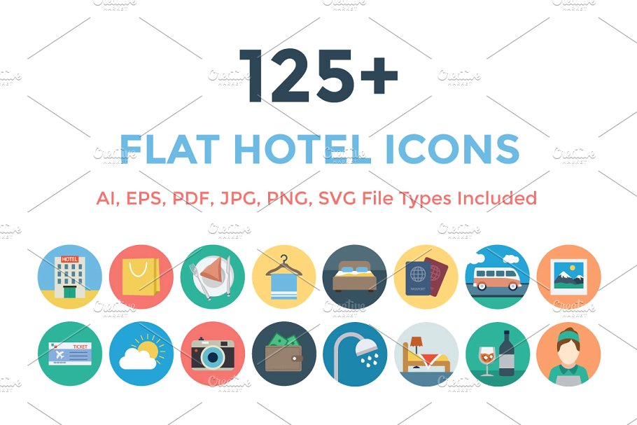 酒店图标素材 125 Flat Hotel Icons #