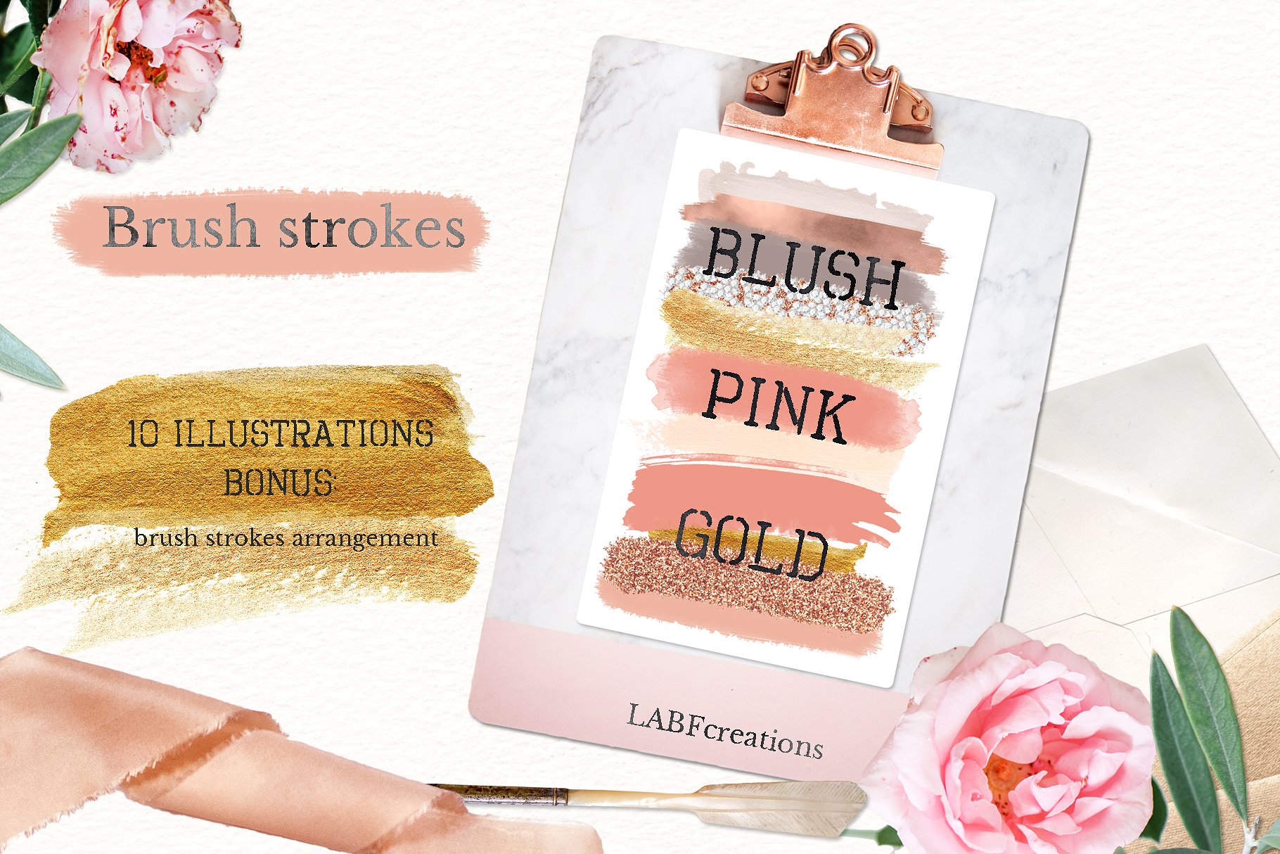 手绘笔刷形状设计素材Blush pink gold Brus
