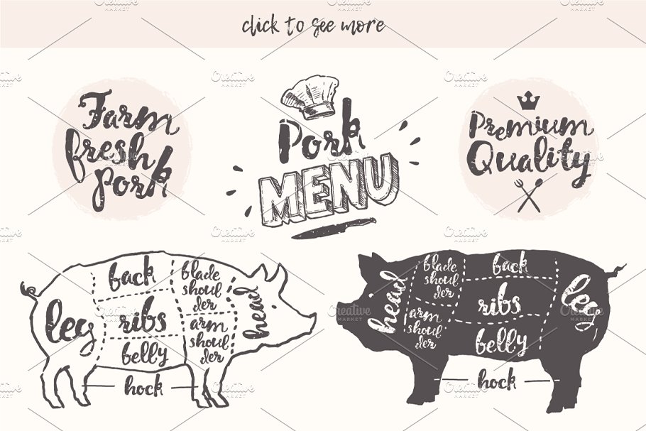 猪肉菜单的设计元素插画 Design elements fo