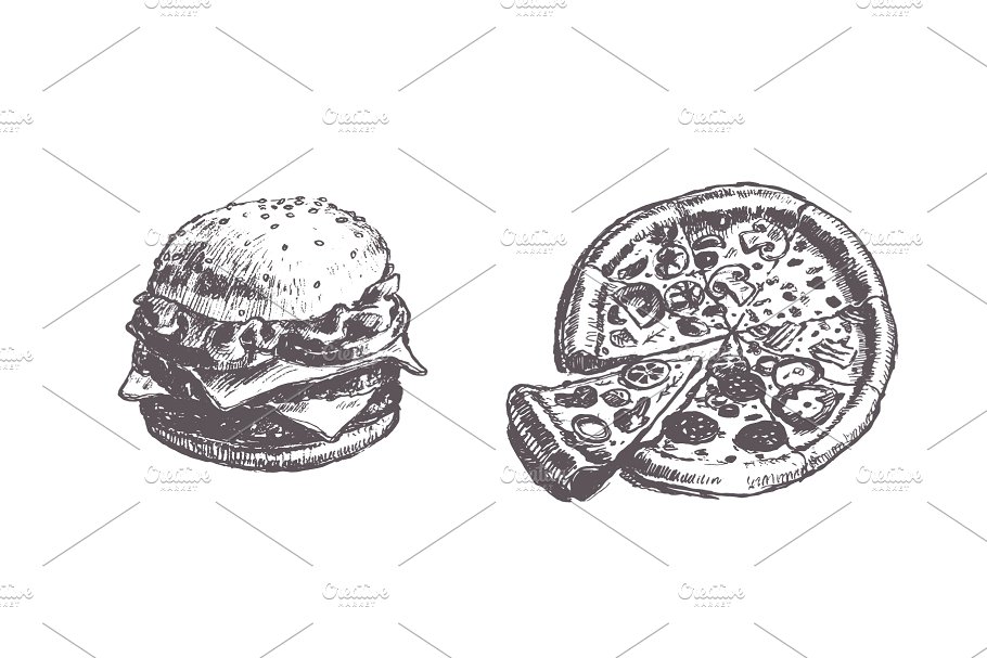 快餐素描插画 Collection of fast food