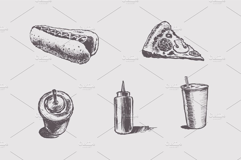 快餐素描插画 Collection of fast food