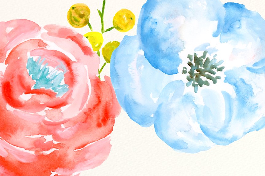 春季蓝粉色系水彩花卉插画 Watercolor Clipar