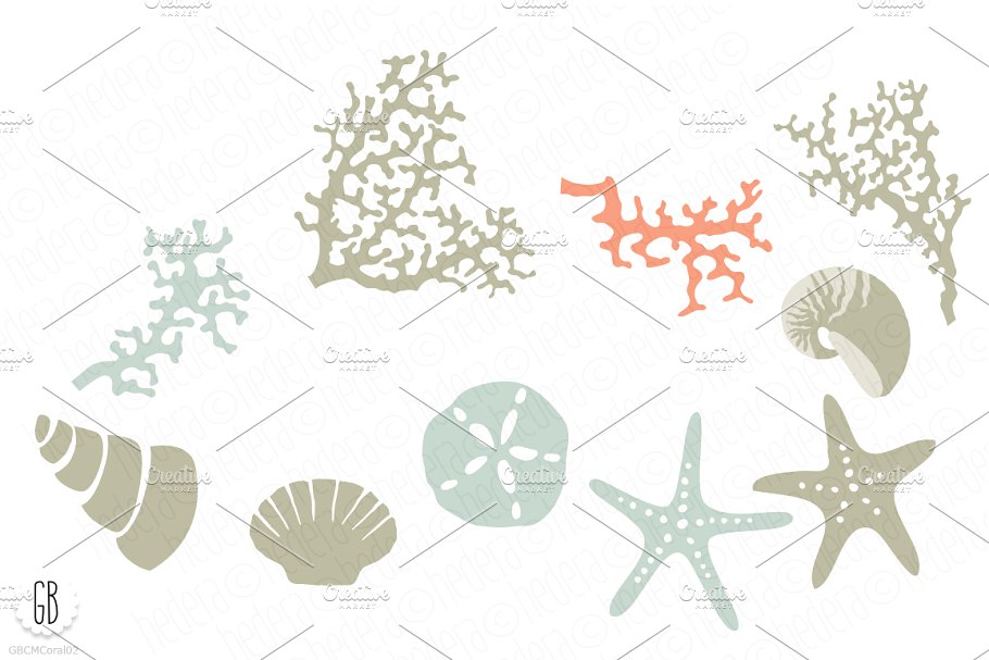 海滩沙滩插画 Beach sea corals nautic