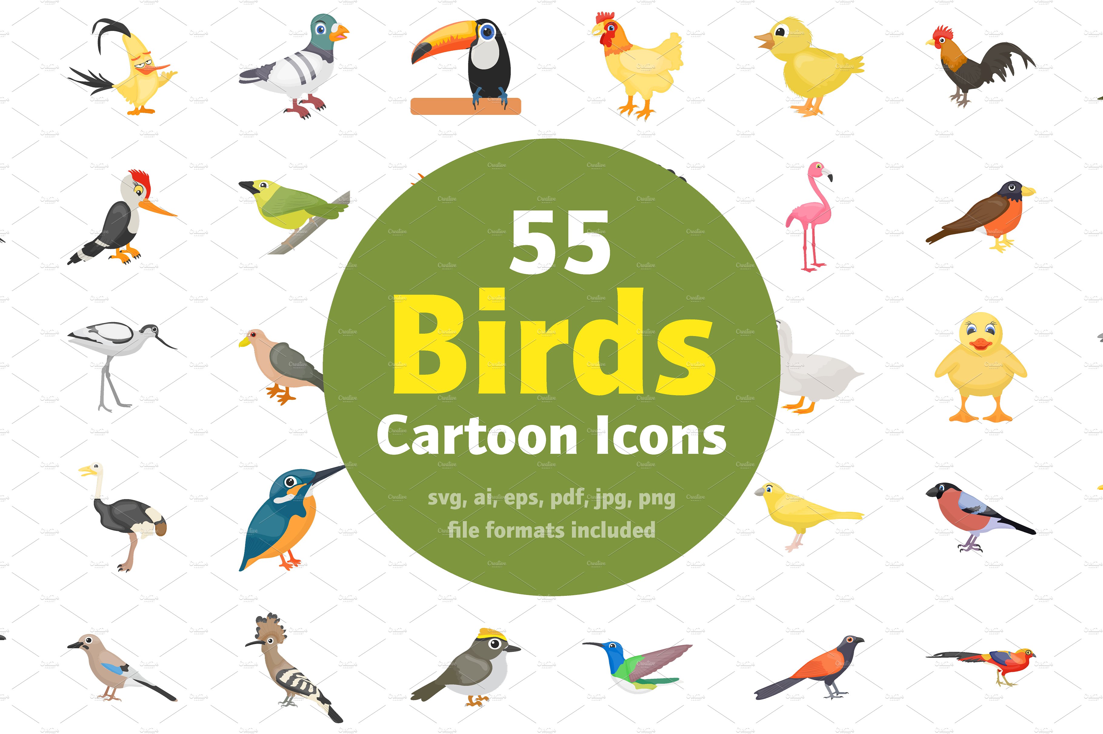 卡通鸟类矢量图标大全 55 Cartoon Birds Ve