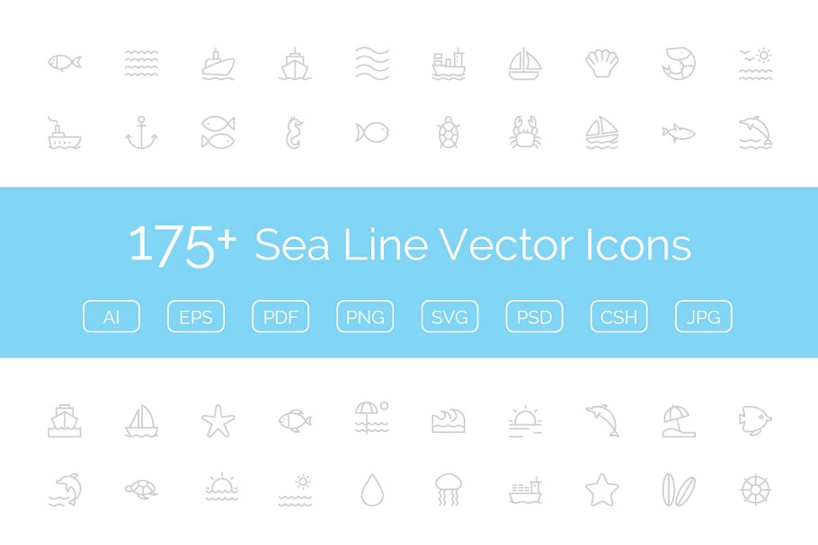 海洋元素矢量图标大全 175  Sea Line Vecto