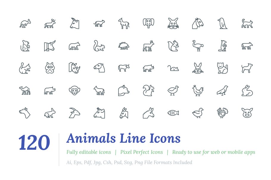 动物矢量图标素材 120 Animals Line Icon