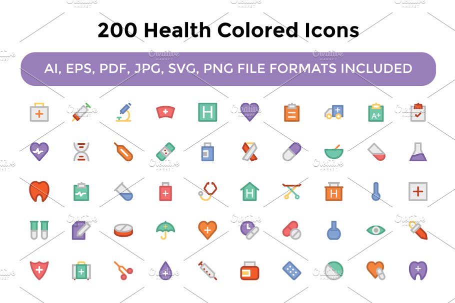 200个健康彩色图标素材 200 Health Colore