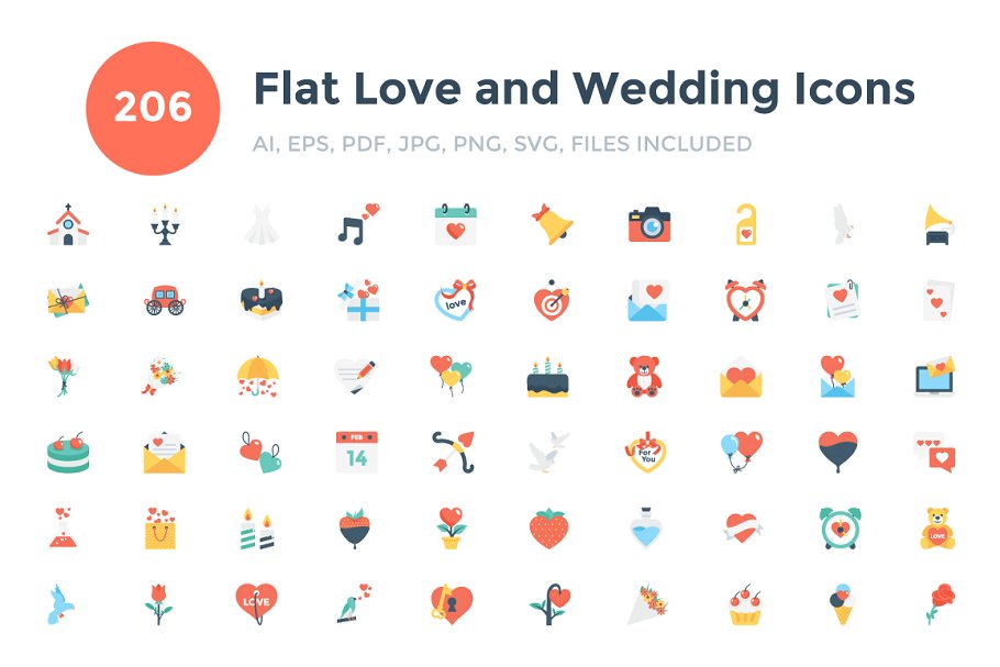 扁平化爱情和婚礼图标下载Flat Love and Wedd