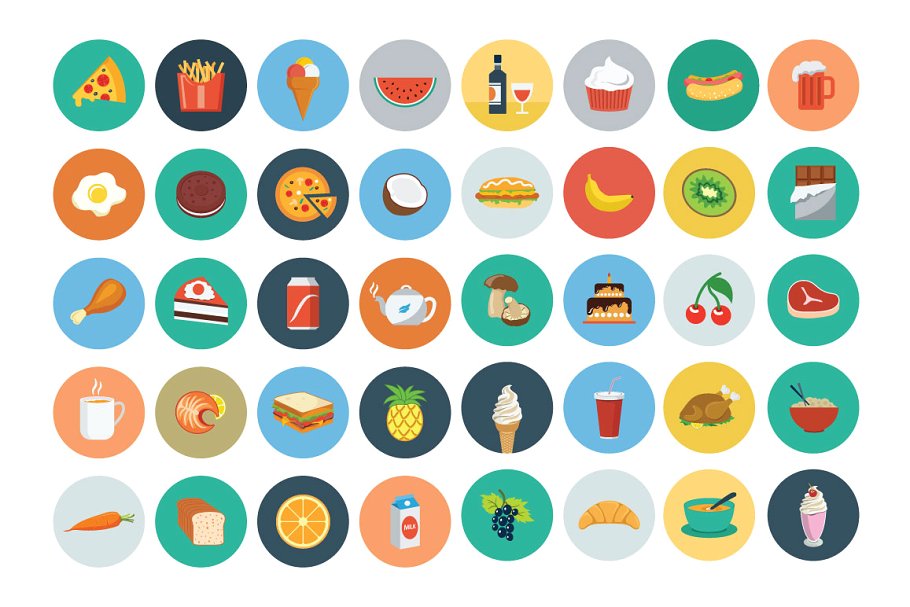 扁平化美食图标大全 100 Food Flat Icons