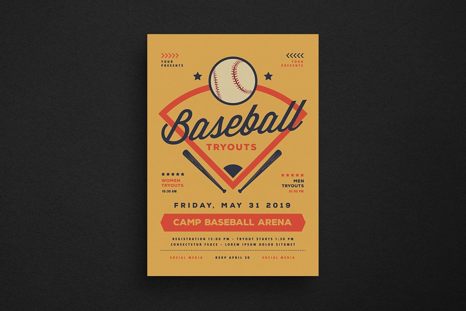 棒球海报设计模板 Baseball Tryouts Flye