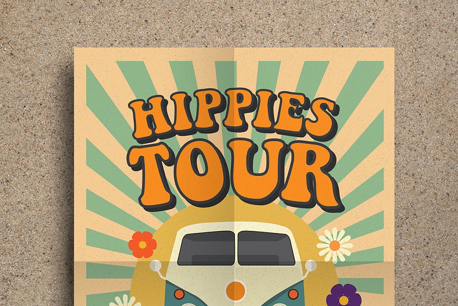 复古ps插画海报制作 Hippies Party Flyer