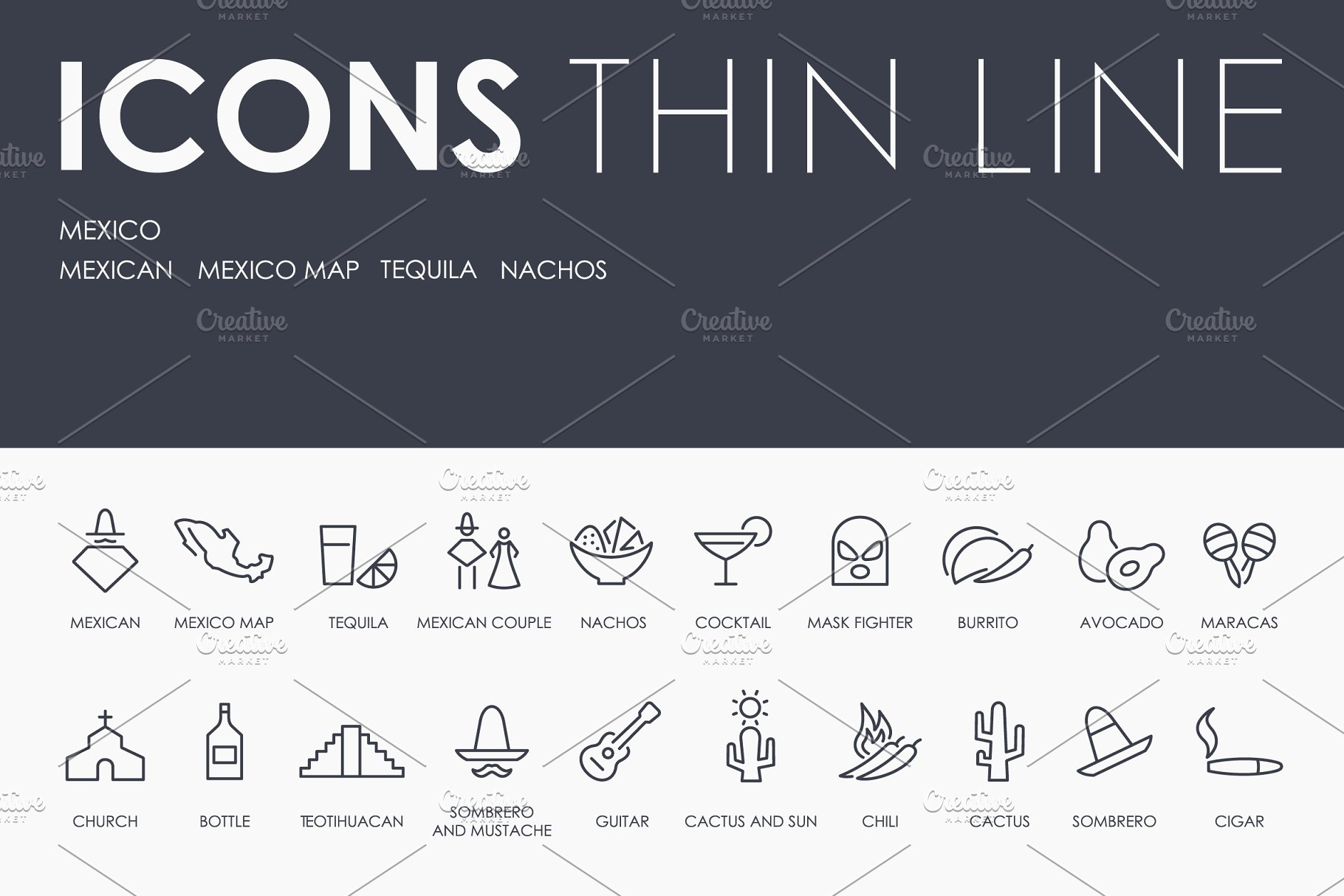 墨西哥元素图标素材 Mexico thinline icon