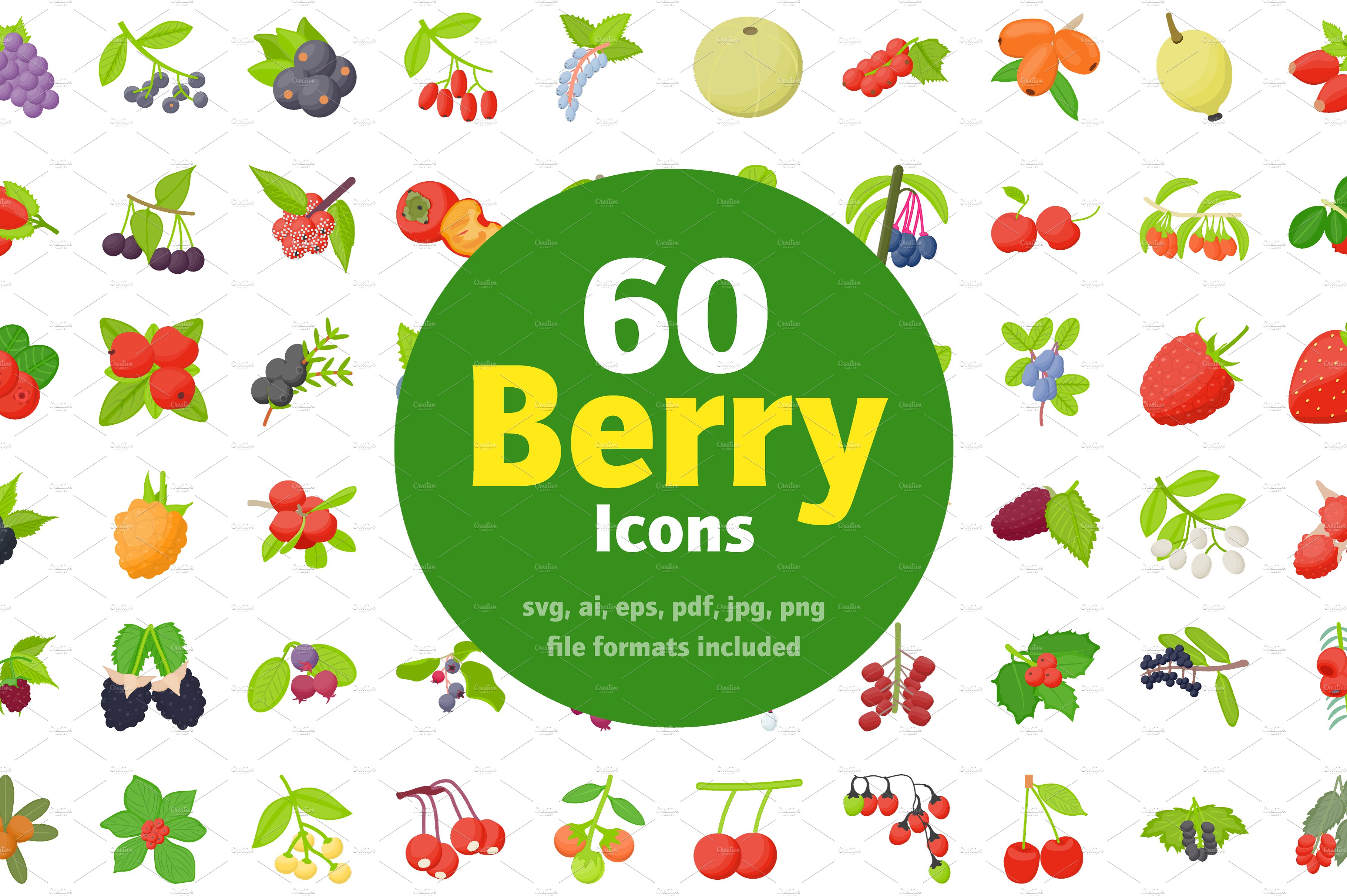 水果浆果矢量图标素材 60 Berry Fruits Fla