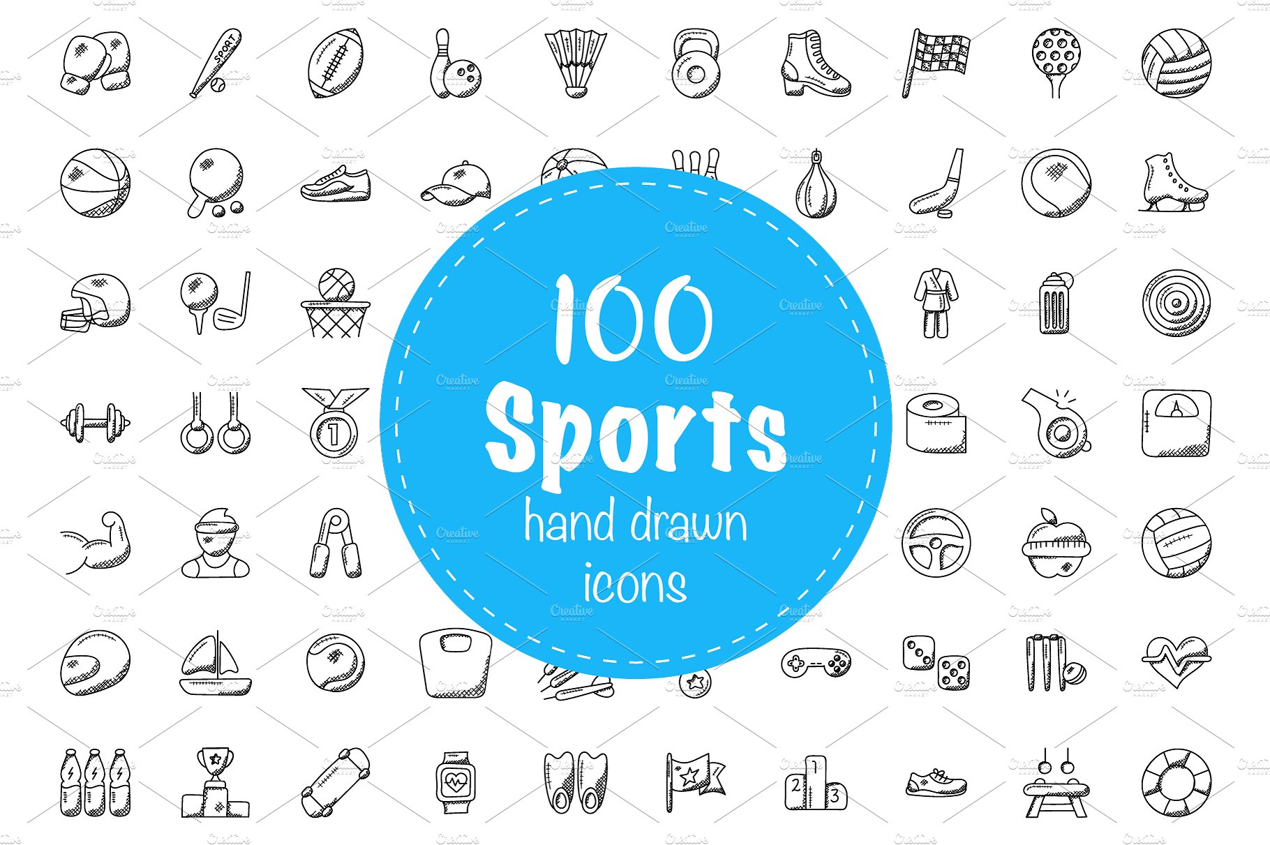 100个体育涂鸦线框图标素材 100 Sports Dood