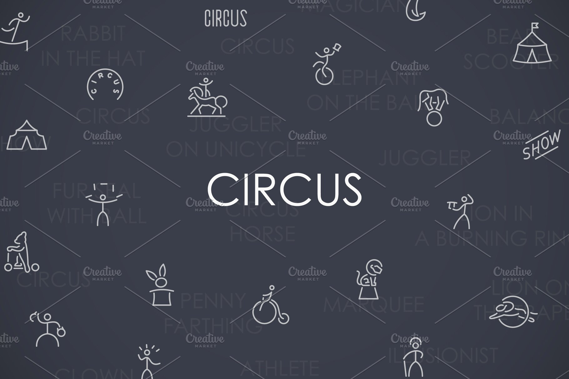 马戏团矢量图标制作Circus thinline icons