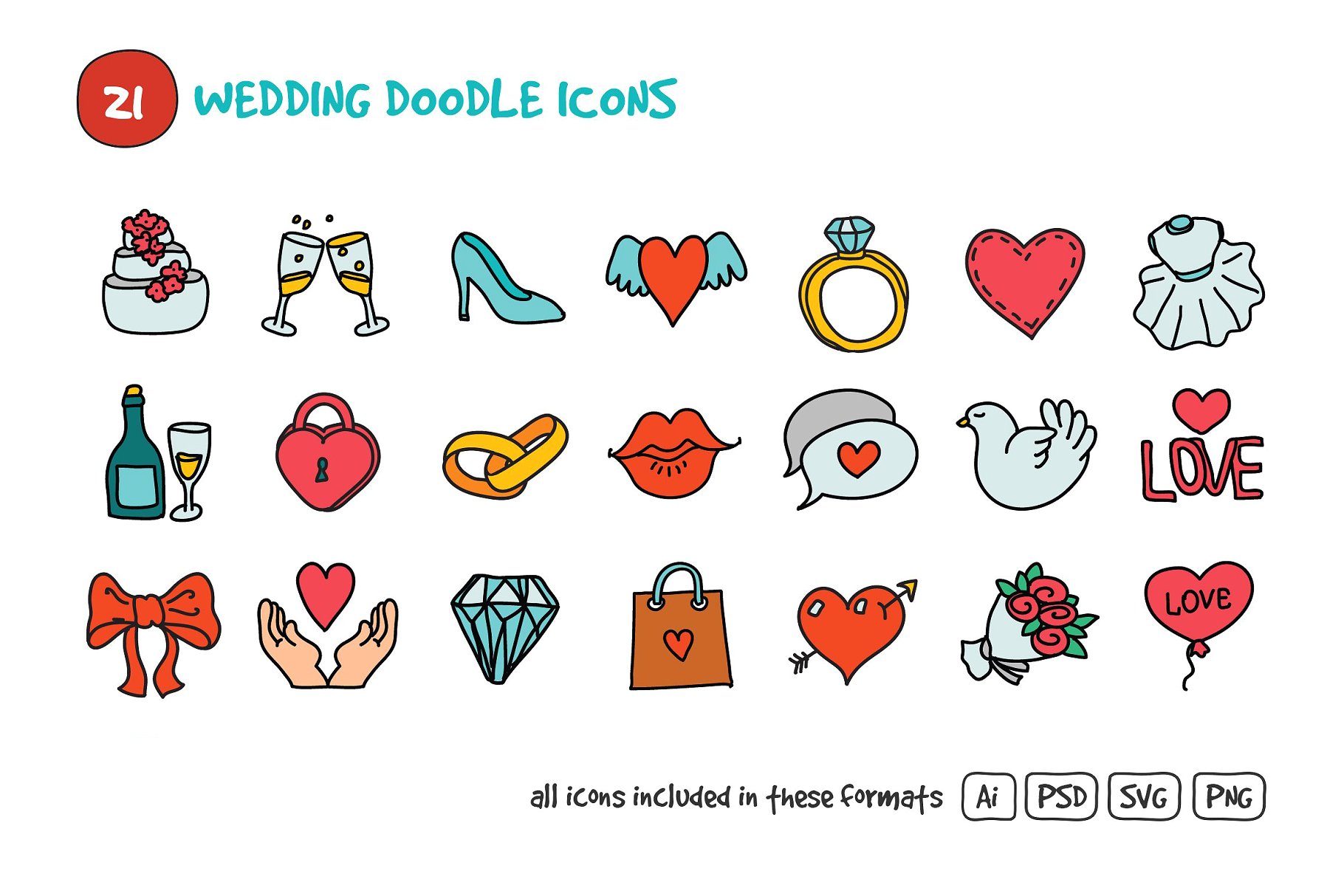 婚礼元素图标素材 Wedding Doodle Icons