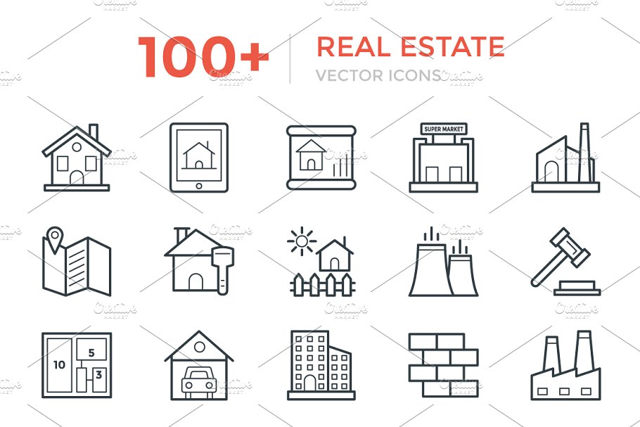 房地产资产矢量图标 100 Real Estate Vec