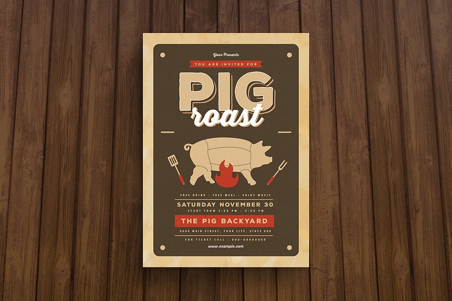 复古烤猪海报图片模板 Pig Roast Flyer #13