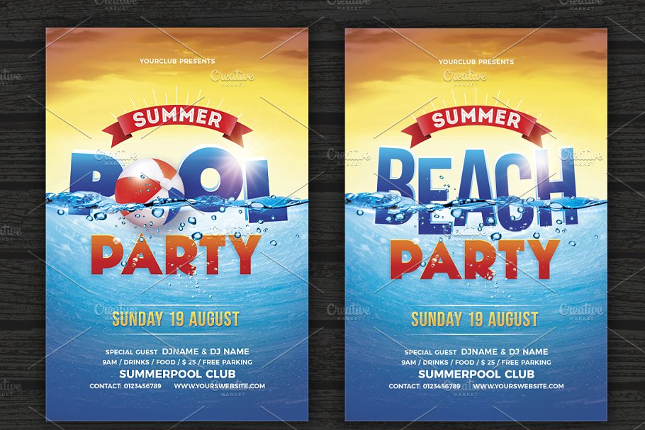 泳池派对沙滩派对宣传单设计 Pool Party Beac