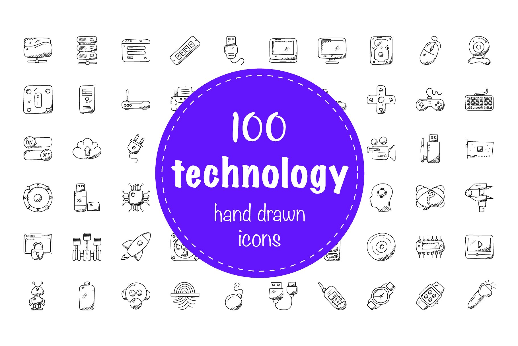 100个技术相关手绘图标 100 Technology Do