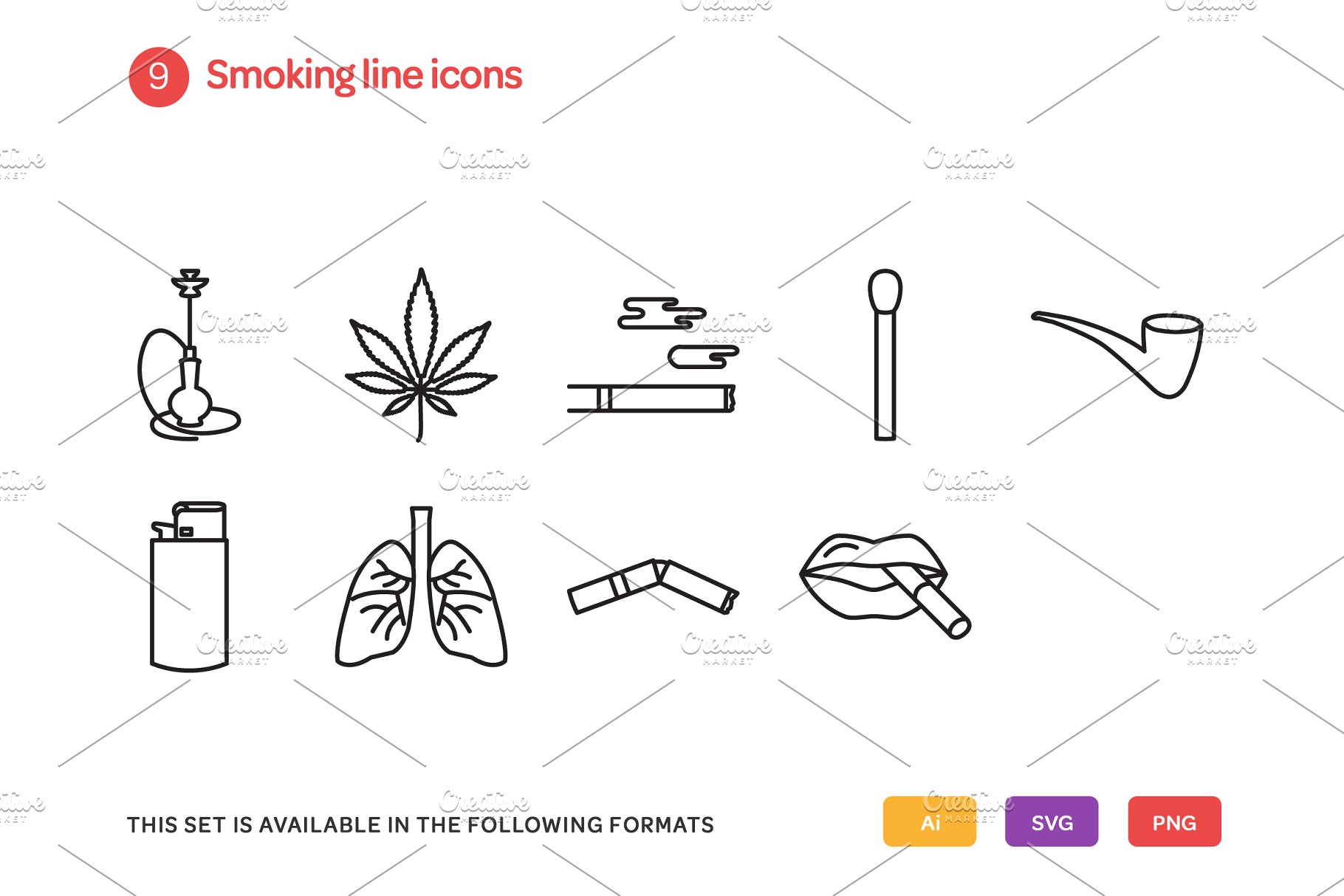吸烟相关的线型图标 Smoking Line Icons S