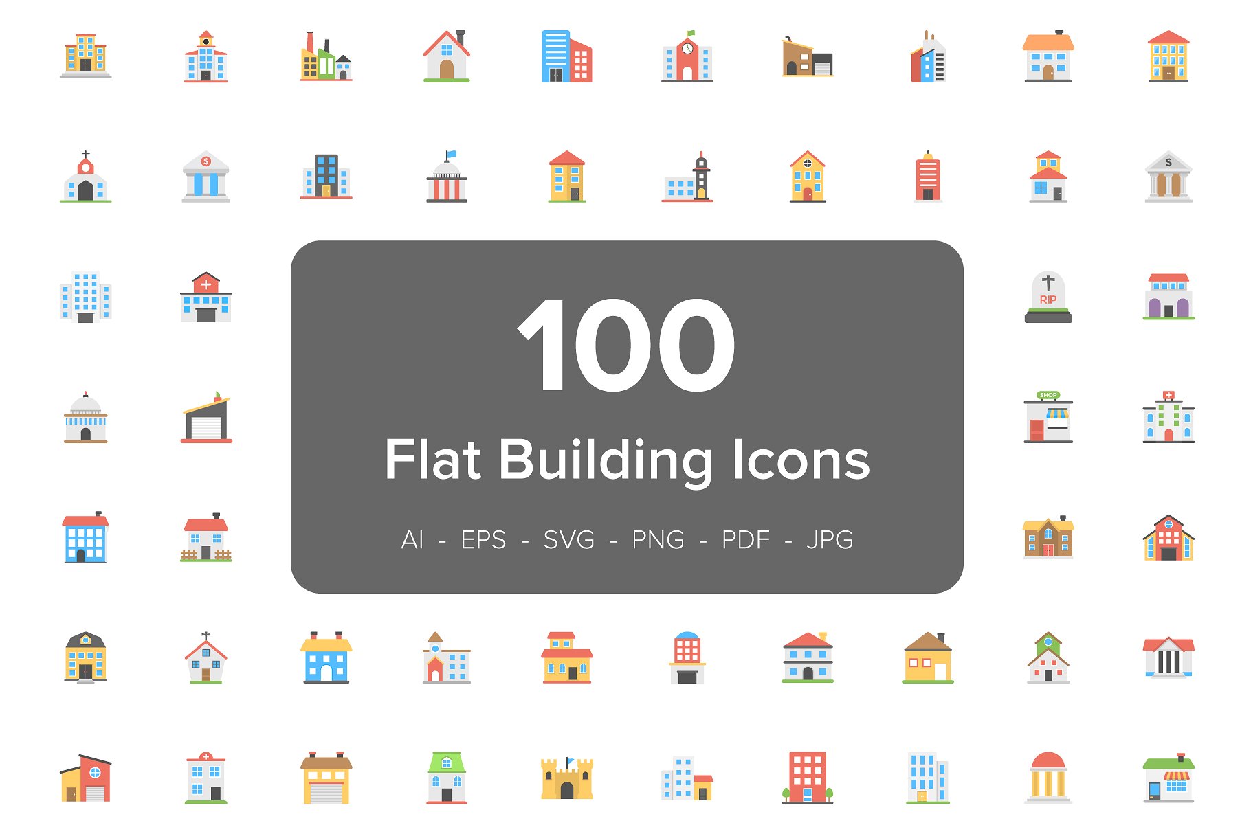 彩色扁平化建筑图标素材 100 Buildings Flat